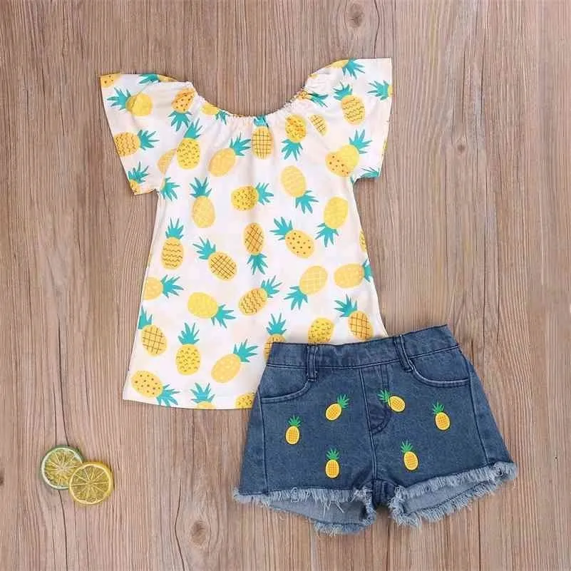 Set di abbigliamento per ragazze estive Abiti per ananas Moda per bambini Top senza maniche per bambini + pantaloncini Demin da 18 mesi a 8 anni 210326