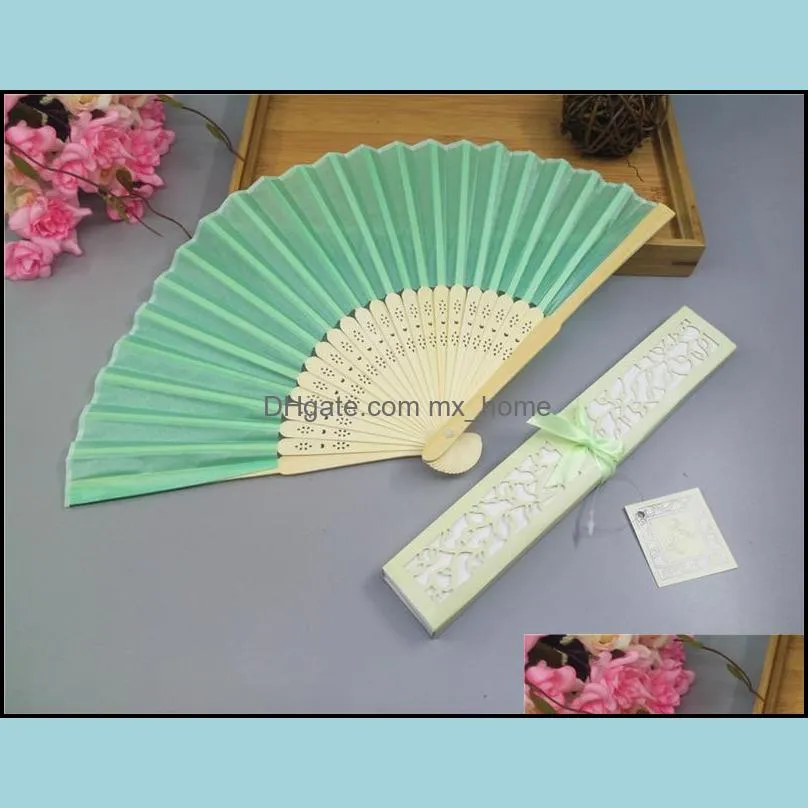 Free shipping 50pcs lot wedding favors bridal shower souvenir personalized silk hand fans with laser cut boxes