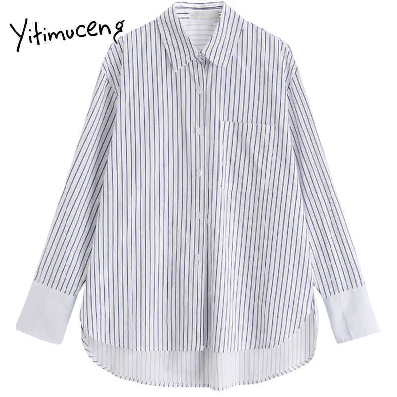 Yitimuceng Striped Patchwork Blus Kvinnor Button Up T Shirts Loose Spring Koreansk Långärmad Tennkrokar Casual Toppar 210601