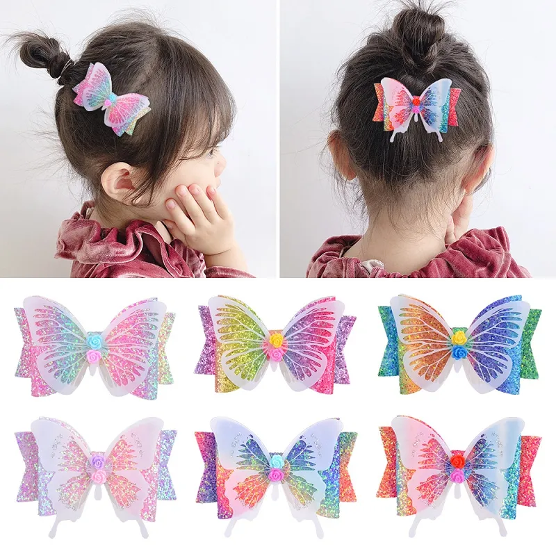 Accessori per capelli per bambini 3,5 pollici Ragazze Arcobaleno Farfalla Barrettes Cute Boutique Fermagli per capelli per bambini Glitter Bow Pins 20 Stili M3403