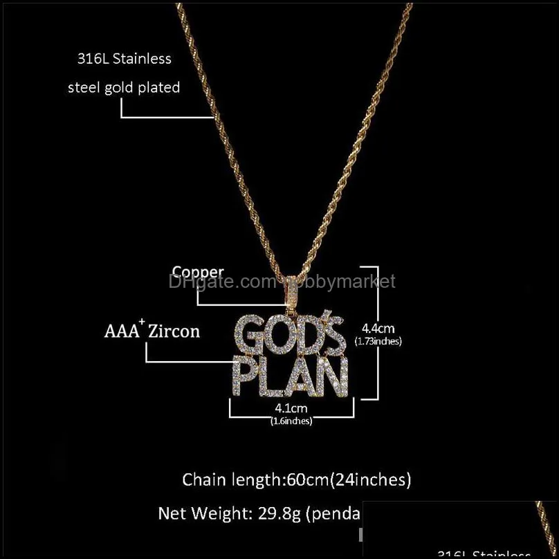 Hip Hop GodsPlan Letter Pendant Micro Paved Cubic Zircon God`s Plan Pendant Necklace Personality Men`s Bling Jewelry Gifts