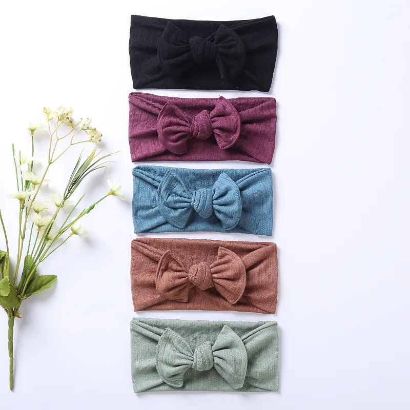 2022 Pasgeboren Solid Cable Knit Hoofdband Baby Knotbow Tulband Headwrap Kid Geribbelde Bows Kinderen Meisje Hairbands Hoofddeksels