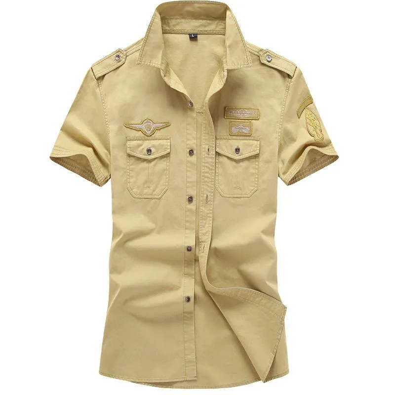 Yaz Saf Pamuk Erkekler Gömlek Boy Erkek Kısa Kollu Eğlence Bluz Askeri Nakış Giyim 6XL HF015