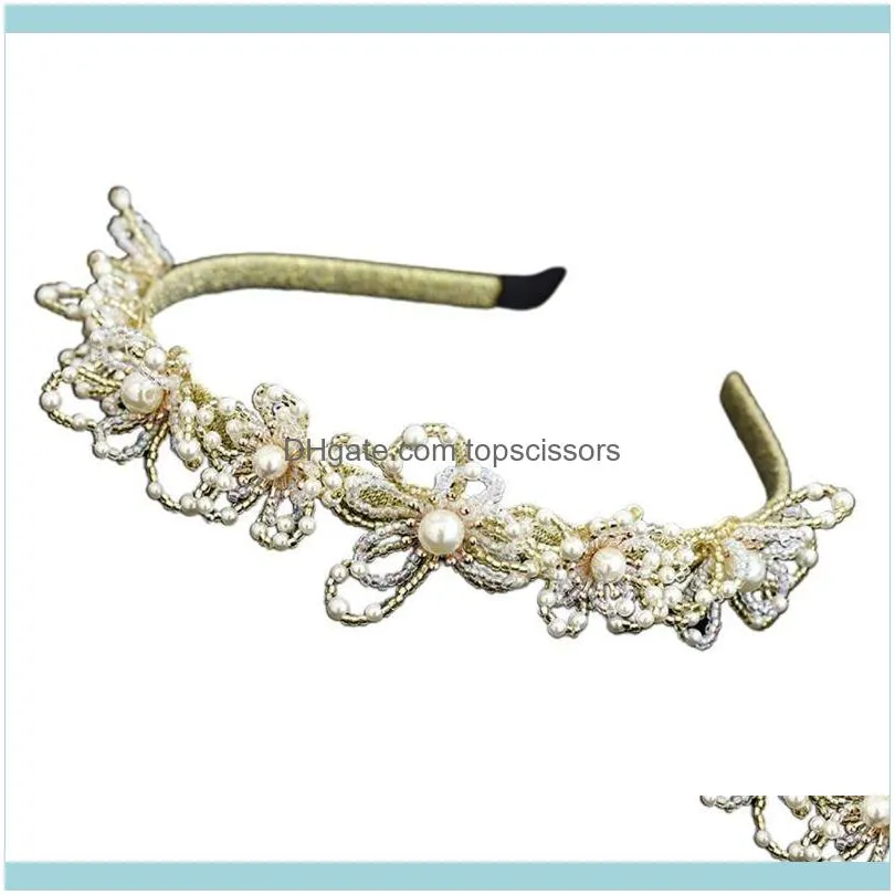 Korean Ladies Handmade Jewelry Headband Imitation Pearl Beaded Wedding Hair Hoop Faux Crystal Petal Flower Vacation Garland1