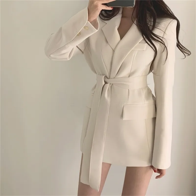 Femmes Blazer Dames Slim Costume Vestes Coréenne Mode Manteau À Lacets Taille Solide Couleur Bureau 210421