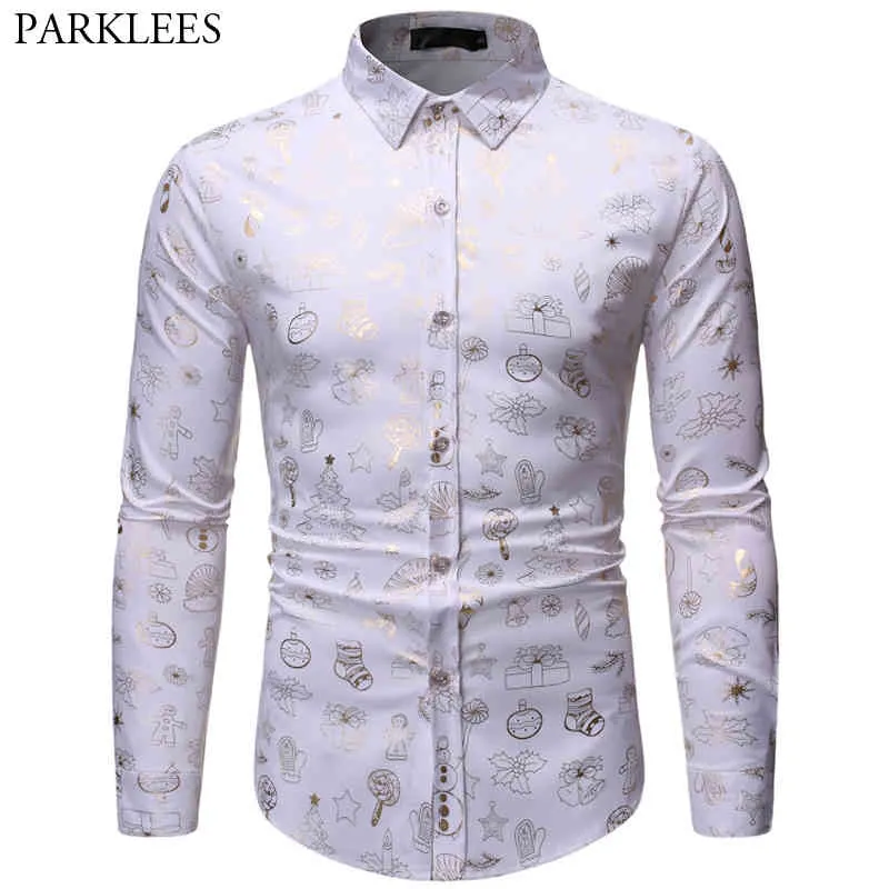 Men Christmas Shirts Casual Button Up Shirt Men Turn-Down Collar Long Sleeve White Shirt Mens Fashion Snowman Printed Men Shirt 210524