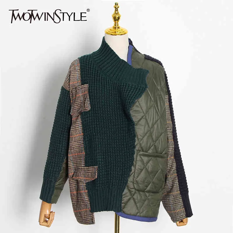 TWOTWINSTYLE Hit Color Patchwork Jacket For Women V Neck Long Sleeve Casual Korean Jackets Female Fashion Cothing Fall 210517