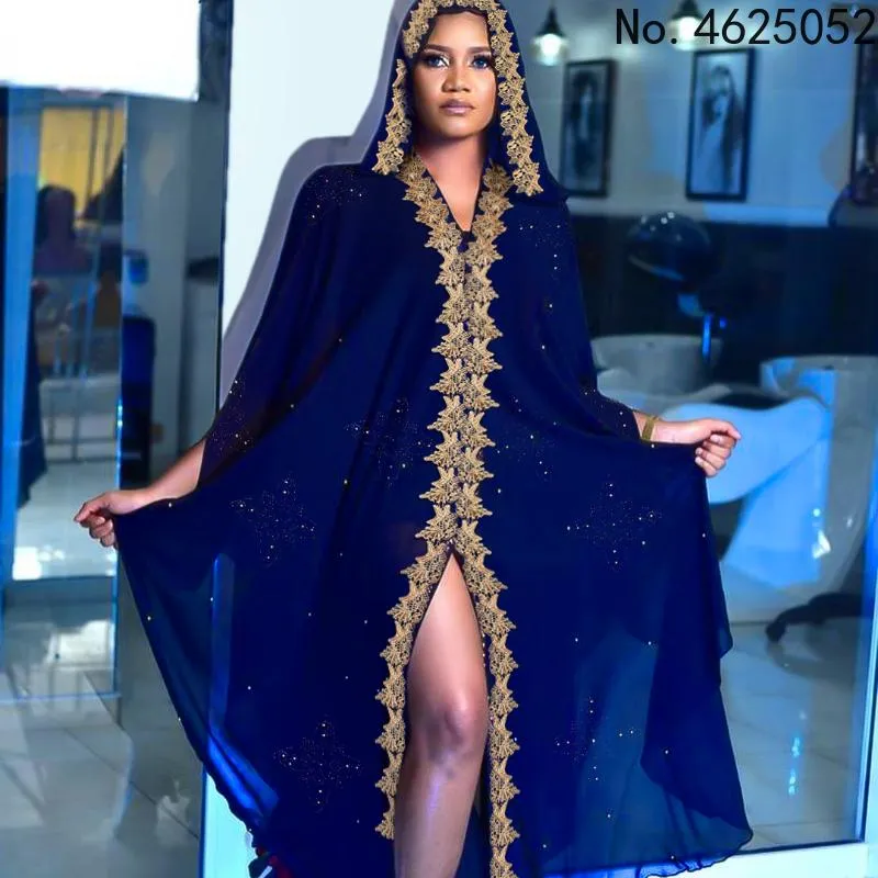 Ethnic Clothing African Embroidered Dresses For Women Dashiki Diamond Chiffon Hooded Dress Elegant Muslim Kaftan Abaya Plus Size Boubou