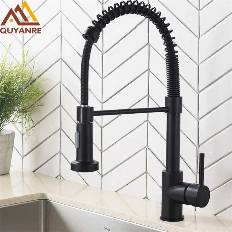 Quyanre fosco fosco preta pia faucet puxar para baixo cozinha torneira Único misturador de punho tap 360 rotação Torneira Cozinha misturador Tap 211108