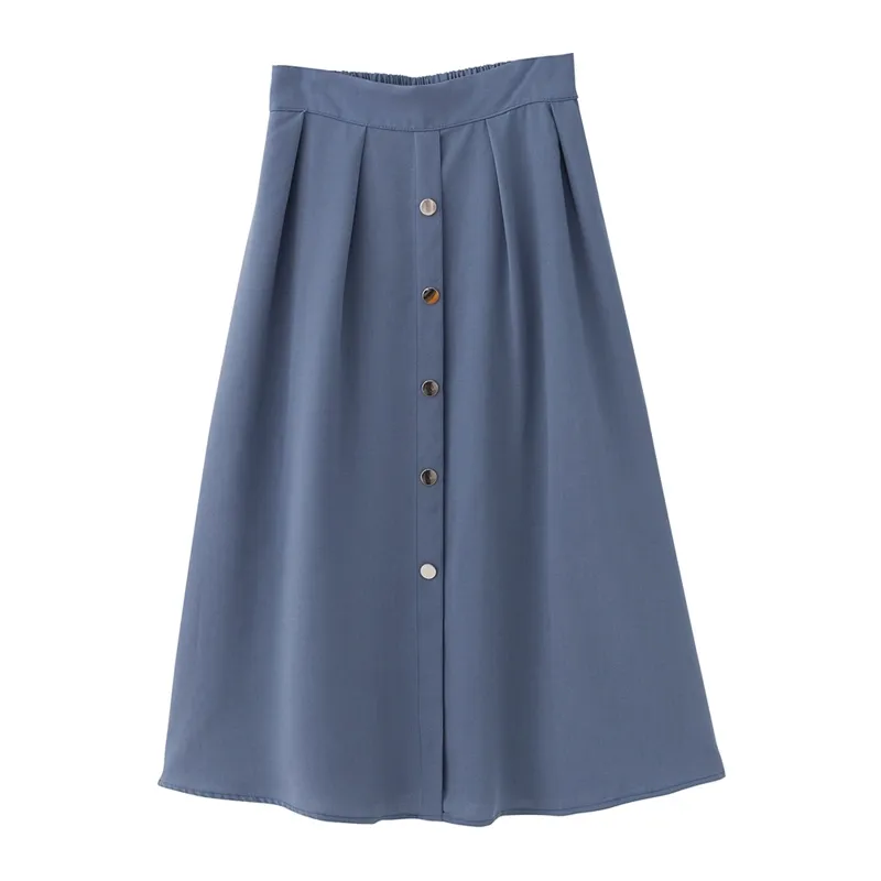 Blå Solid Knapp En Linje Chiffon Midi Skirt Empire Summer Casual S0067 210514