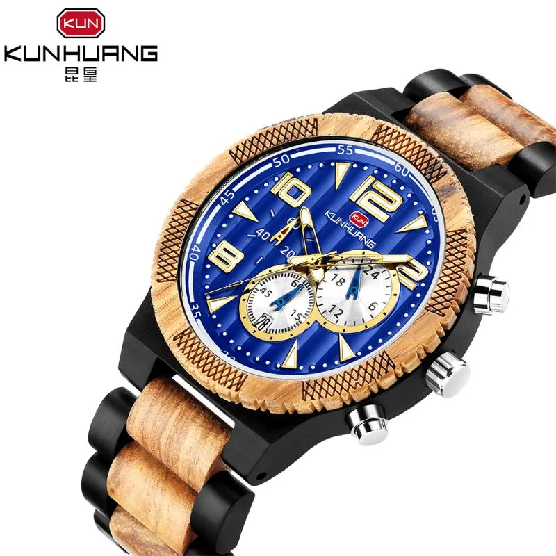 Наручные часы Kunhuang деревянные кварцевые наручные часы мужские спортивные часы бизнес древесина мужские часы мужчина браслет браслет мужа хронограф