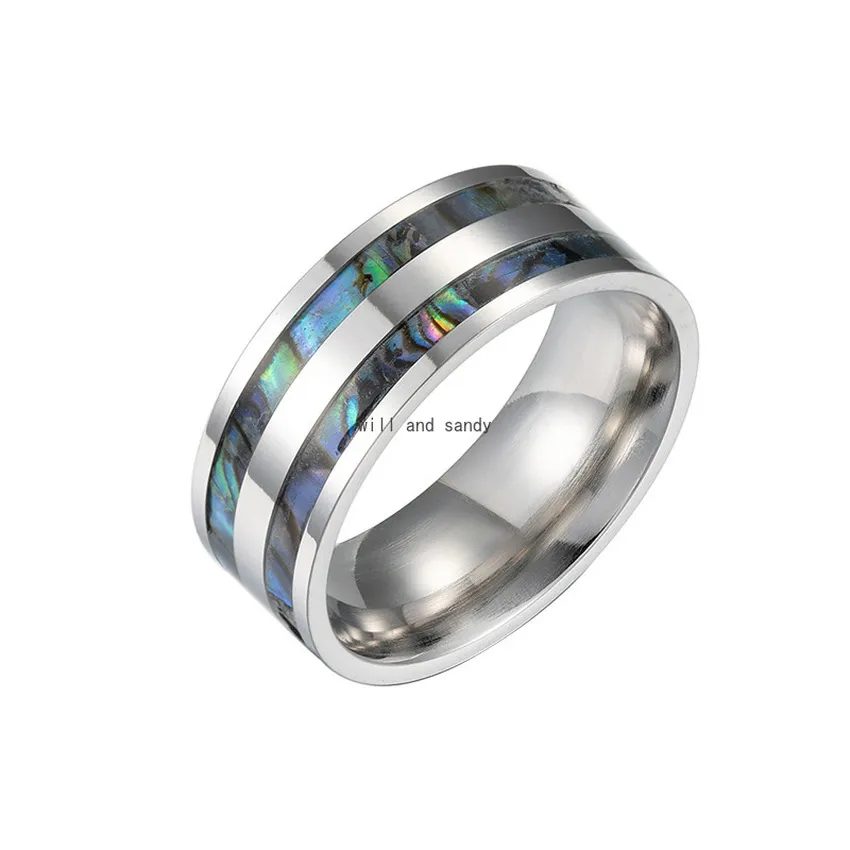 8mm Stainless Steel Colorful Rows Shell Ring Band Finger Women Mens Rings Wedding Bands Fashion Jewelry Will and Sandy