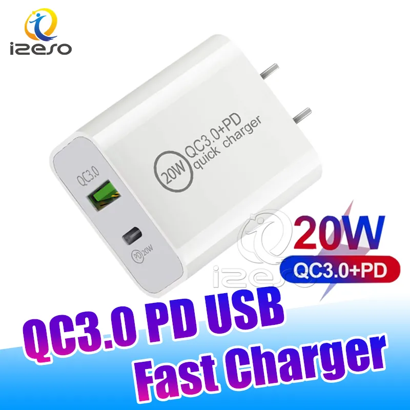 20W Hızlı Şarj Cihazı QC3.0 Tip C USB PD Duvar Ücreti AB US Fişleri İPhone 15 14 13 12 Samsung Android Izeso için hızlı şarj adaptörü