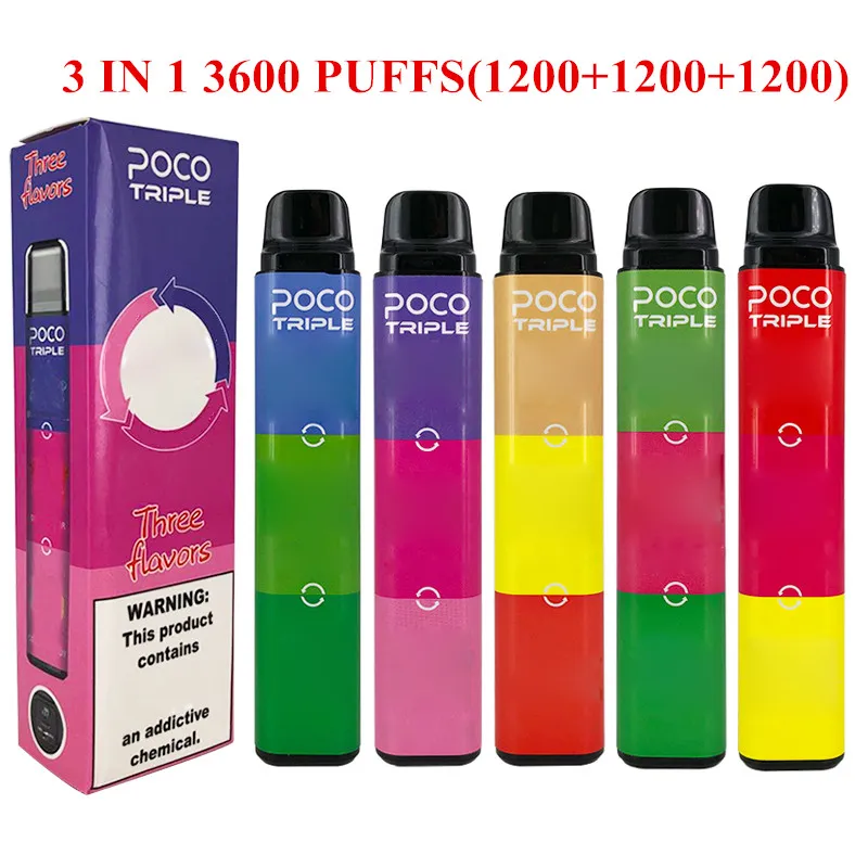 최신 3 in 1 3600 Puffs Poco 트리플 일회용 vape eletronic 담배 펜 1000mAh 9ml 5 컬러 장치 원래 대 최대 증기