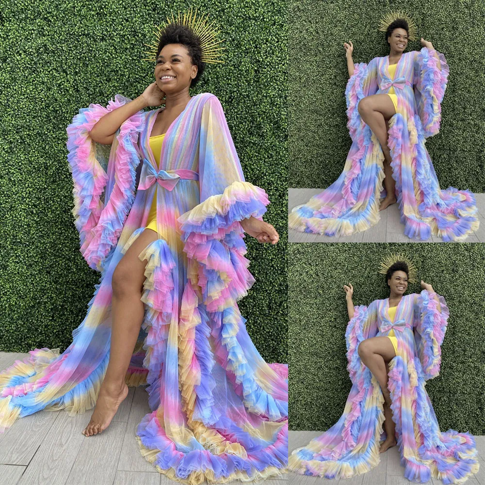 Colorful Rainbow Tulle Sleepwear Maternity Dresses Sleeveless Puffy Long Sexy See Through Custom Made Robes For Photography