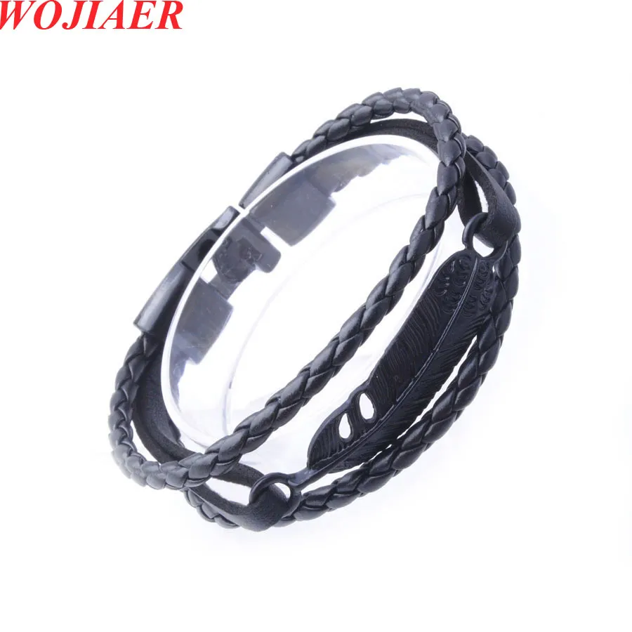 WOJIAER Multicouche En Cuir Plume Forme Accessoires Bracelet Homme Bracelets En Cuir Inoxydable Pour Cadeau Spécial BC014