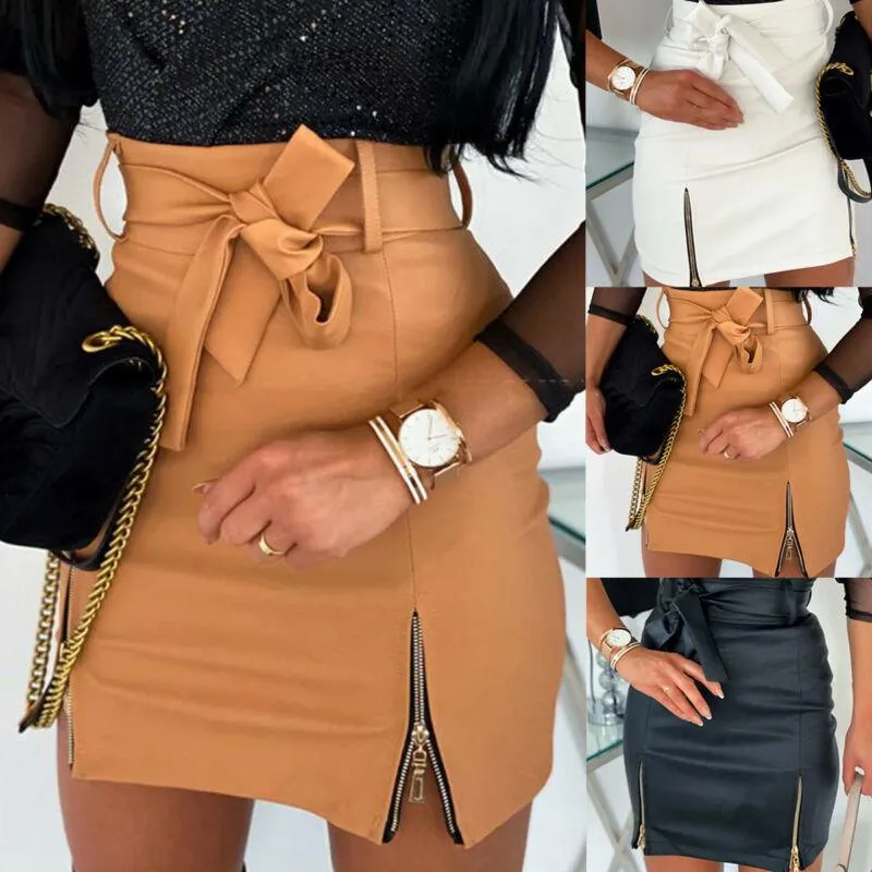 Women Skirts PU Leather Bandage Mini Skirt Ladies High Waist Zipper Pencil Slim Summer Solid Bow 2021