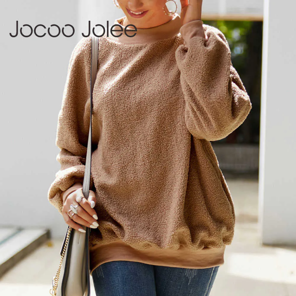Jocoo Jolee Autumn Long Sleeve O Neck Teddy Hoodies Vintage Solid Loose Sweatshirts Plush Hoodies Harajuku Pullovers 210619