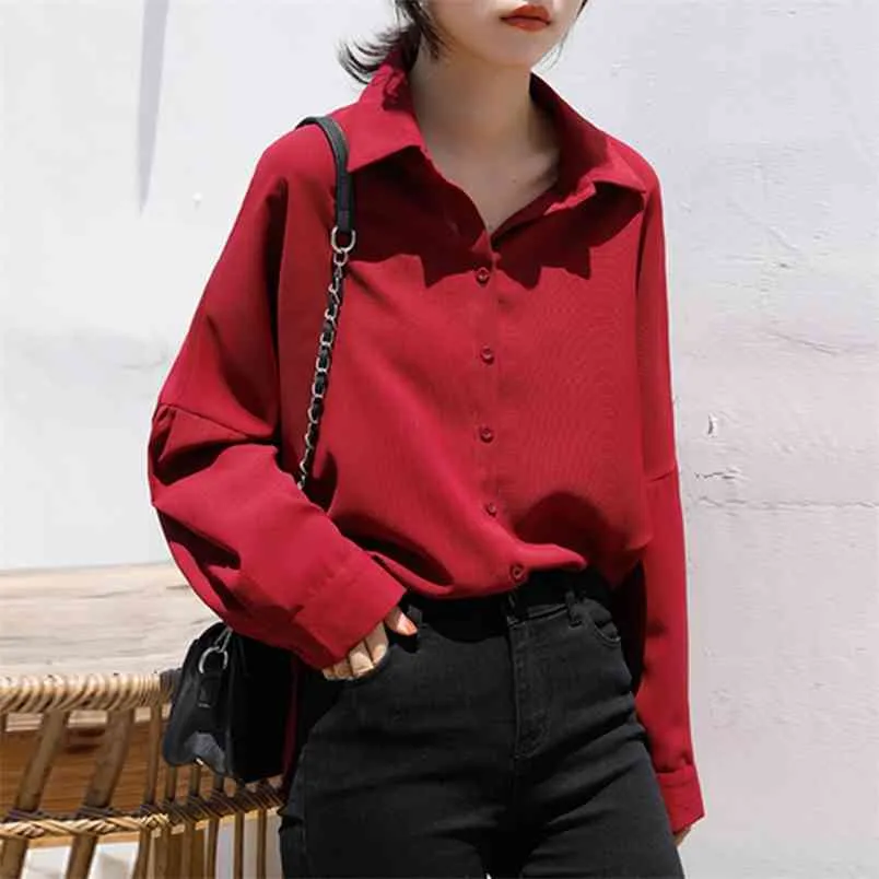 Vår Höst Kvinnor Långärmad Loose Chiffon T Shirts All-matchad Casual Turn-down Collar Red Blouse Vintage Tops S440 210512