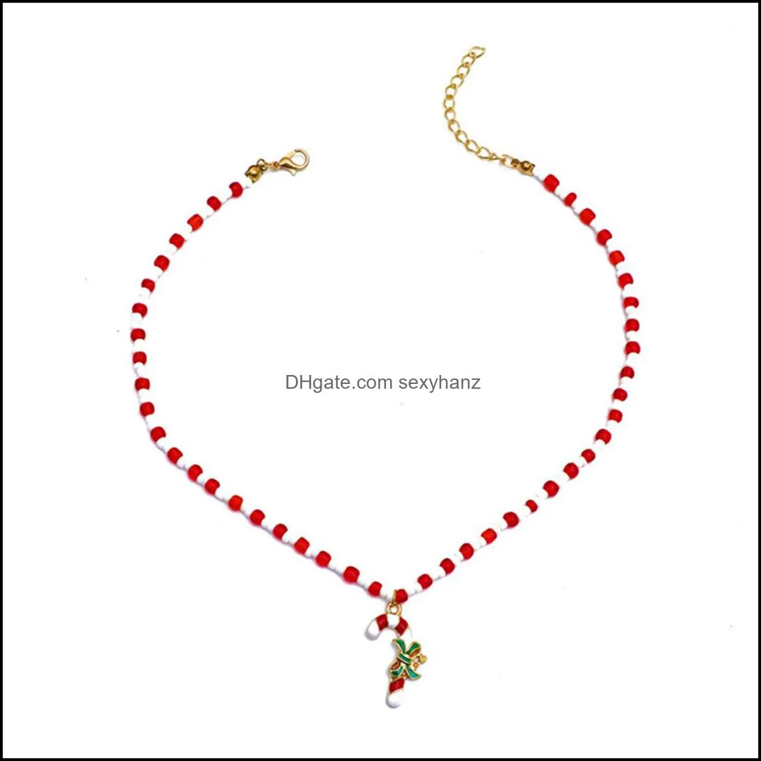 Yamog European Walking Stick Pendant Necklaces Christmas Gift Red Rice Beaded Clavicle Chains Women Ethnic Wind Alloy Festival Collar Neck Jewelry