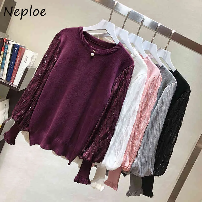 Neploe Chic Mesh Patchwork Lantern Sleeve Pullovers Höst O-Neck Utsökt Beading Tröjor Mode Vintage Stickade Kvinnor Toppar 210423