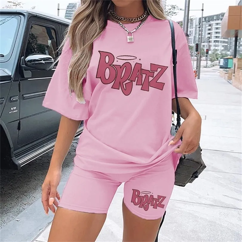 Spring Summer Jogging 2-Pieces Set Women Outfit Short Sleeve Running Sports Cute Bratz Print T-Shirts And Shorts Sets For Female 220304