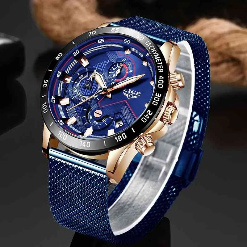 LIGE Fashion Mens Watches Top Brand Luxury WristWatch Quartz Clock Blue Watch Men Waterproof Sport Chronograph Relogio Masculino 210517