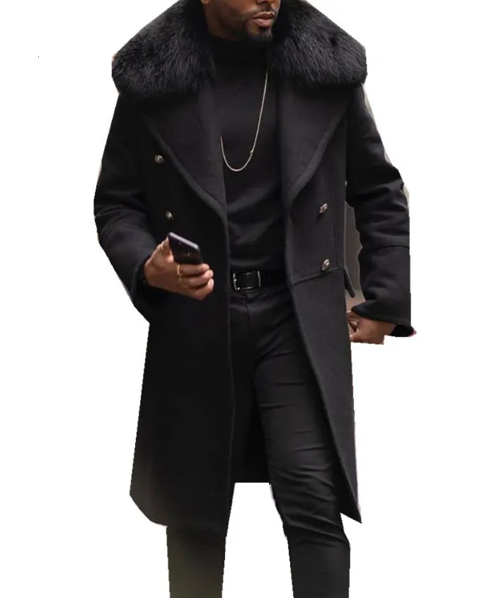Designer Men Wool Trench Coat Faux Fur Collar Fashion Winter Business Long Thick Slim Fit Overcoat Jacket Parka Mens Clothing Plus Size 4XL