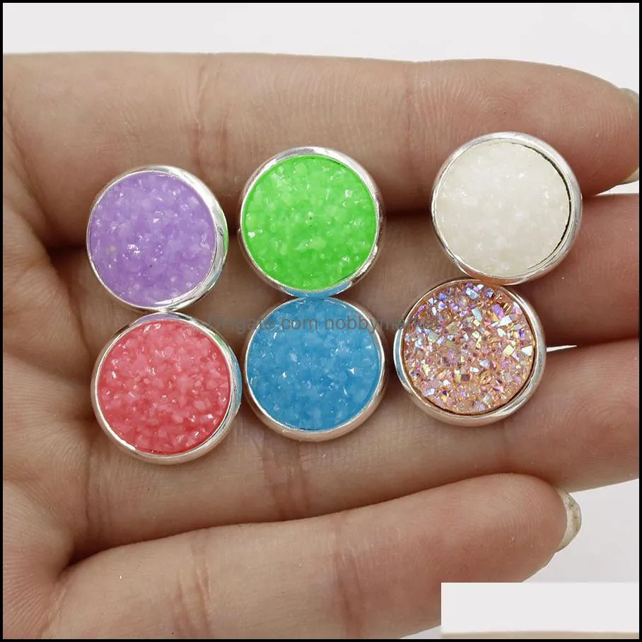 New 12MM Round druzy stone Stud Earrings Bling drusy Resin Silver Earrings For women & Ladies Fashion handmade Jewelry in Bulk