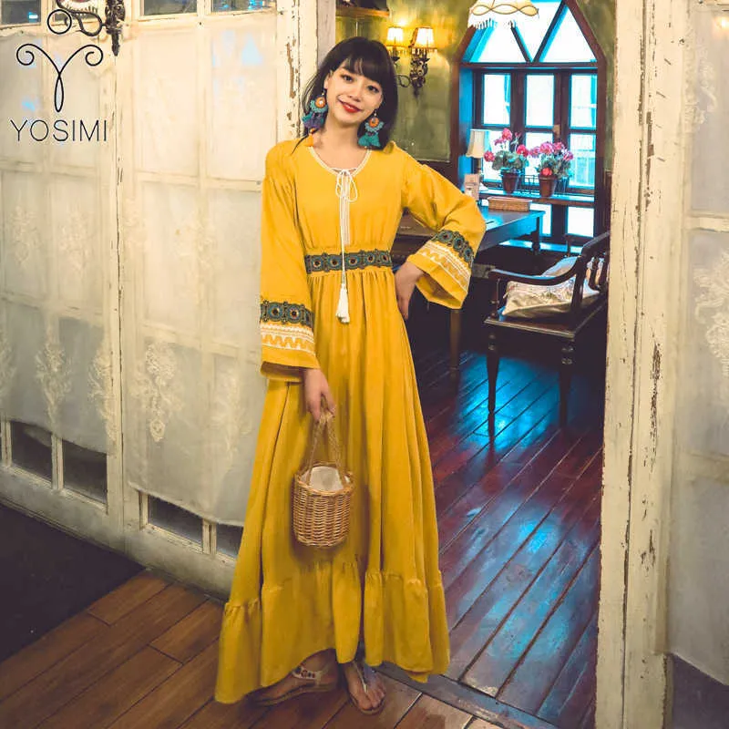 YOSIMI Sequins Embroidery Long Women Dress Summer Vintage White Cotton Blend O-neck Ankle-Length Sleeve Yellow 210604