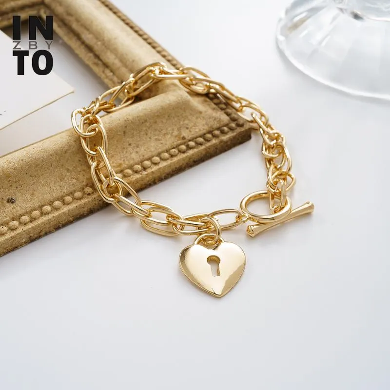 Into Punk Love Heart Charm Bracelets for Women Gold Color Link Bangle Men Fashion Jewelry 2022 Friend Gift Catena