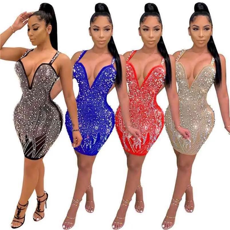 Women Dress Sparkle Sleeveless Sequins Pearl Crystal Party Glitter Spagetti Straps Bodycon V-Neck Female Outfits 210522