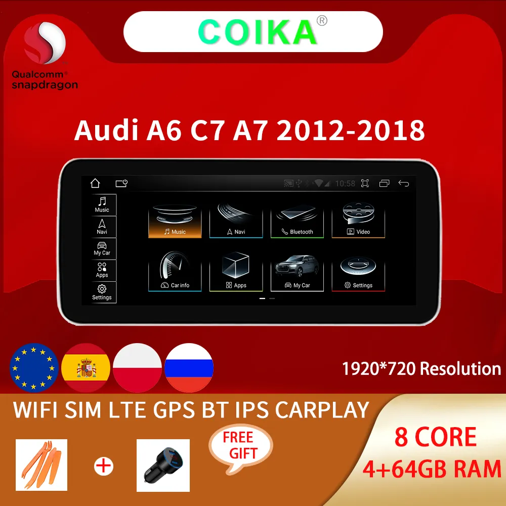 12.3 "Android 10 자동차 DVD 플레이어 Audi A6 C7 A7 용 멀티미디어 라디오 2012-2018 WiFi 4G 8 코어 4 + 64GB RAM BT GPS Navi 스테레오