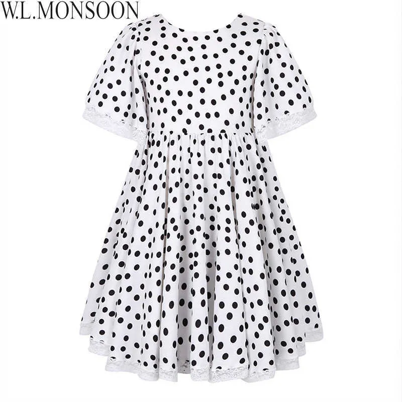 w.l.monsoonの女の子の夏のドレス2021ブランドの子供たちのパーティードレスのドットパターンヴェスティド衣装のための衣装プリンセスドレスQ0716