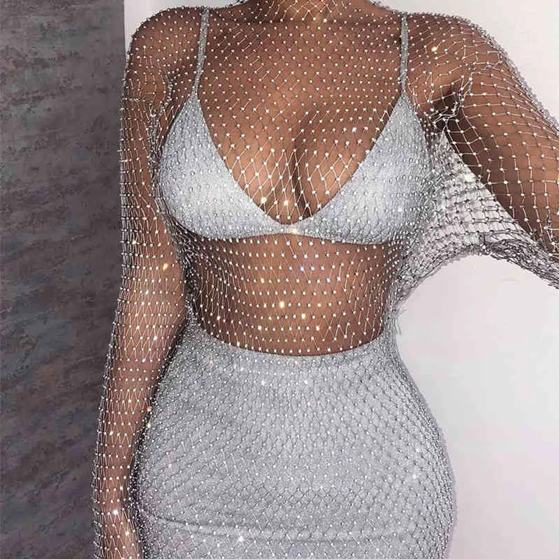 Amphiaraus Crystal Diamond Fishnet Sexy Bodycon Dress Women Hollow Out Rhinestone Mini Dress Summer Beach Party Dresses Vestidos X0521