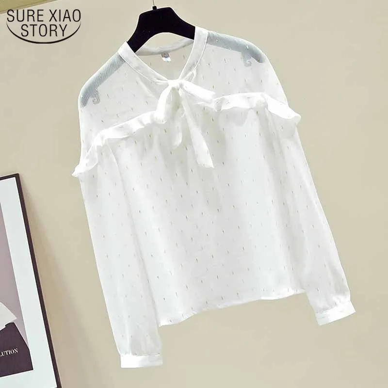 Jesień moda Zobacz przez eleganckie ruffled bow collar damskie topy koreański z długim rękawem biały szyfon bluzka Blusas 11149 210508
