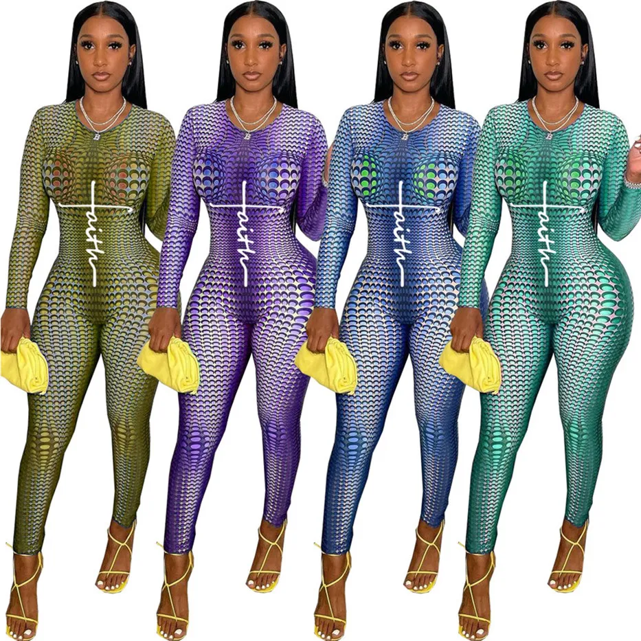 Оптовая продажа женщин с длинным рукавом Rompers Zipper Print Packsuits Onesies мода повседневная спортивная тощий Paysuit K8698