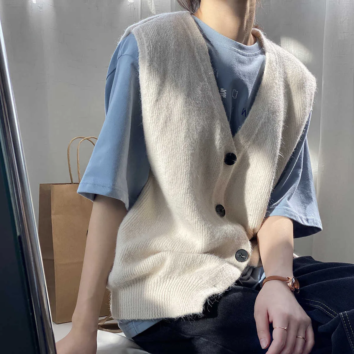 V-neck stickad väst cardigan kvinnlig koreansk singel breasted ärmlös topp kvinnors tröja kappor fritid outwear chic 210607