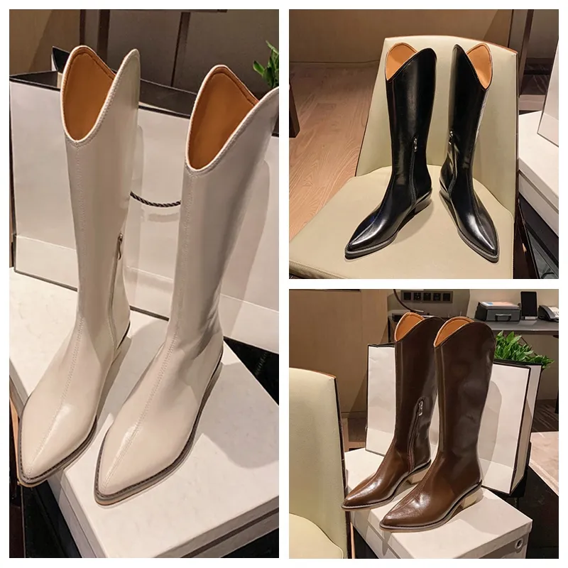 2021 Ann Black Pointy Knä-High Heels Stövlar V-Toed Läder Tjockben Snygg Solid Spetsig Kvinnlig Kvinnor Lårhög Knä Cowboy Rider Fashion Barreled Stretch Boot