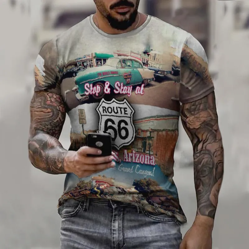 T-shirt da uomo 2022 Spot Road 66 Stampa digitale full-frame 3D Street T-shirt con copertura sottile stile hip-hop a maniche corte