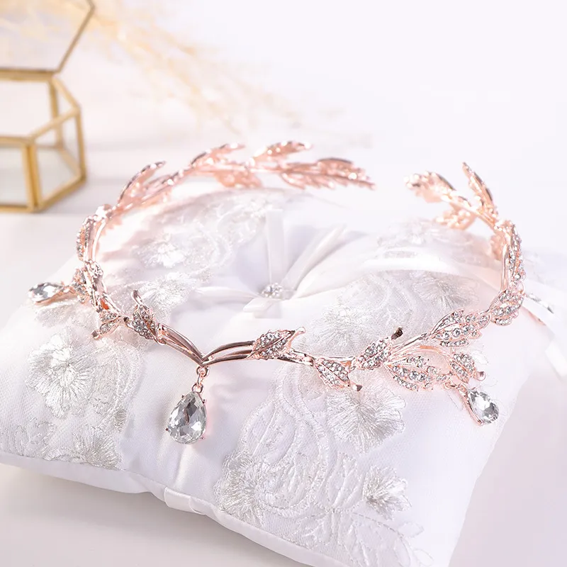 KMVEXO Corona di cristallo in oro rosa Accessorio da sposa strass da sposa foglia di diadema a goccia fascia frontale gioielli per capelli da sposa