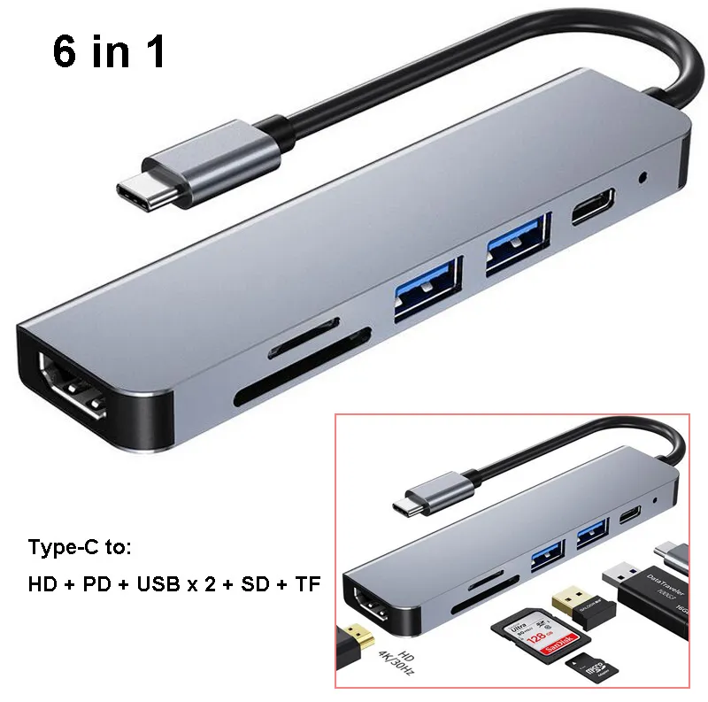 6 i 1 USB Hubs Type-C till Ethernet HD High Definition Adapter Multiport PD SD TF-kortadapter för Android Bärbara datorer Tablet Type C-enheter