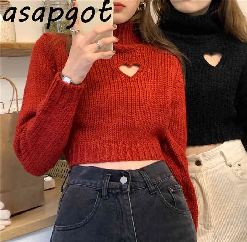 Solid Long Sleeve Red Turtleneck Pullovers Sweater Women Loose Love Heart Hollow Out Knitted Top Short Chic Fashion Korean Pull 210429