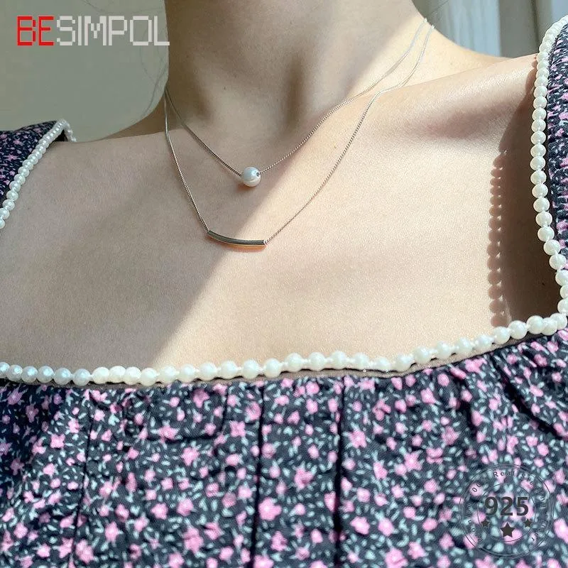 Besimpol Real 925 Sterling Silver Double Chain Necklace Elegant Pearl Clavicle For Women Party Fine Jewelry Gifts Chains