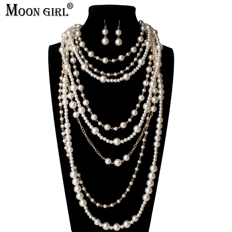 Lua menina multi-camada simulou pérolas cadeia longa declaração na moda gargantilha colar para mulheres moda jóias