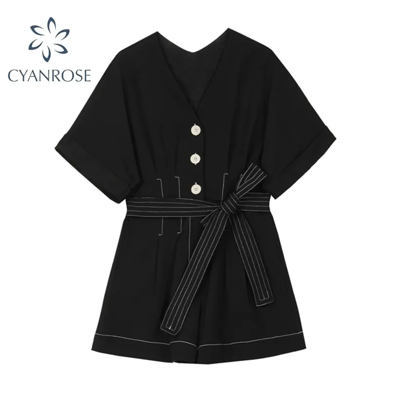 High Waist Bandage Black Shorts Jumpsuits Women Short Sleeve Cardigan Stitched Design Overalls Streetwear Chic Clothes 210515