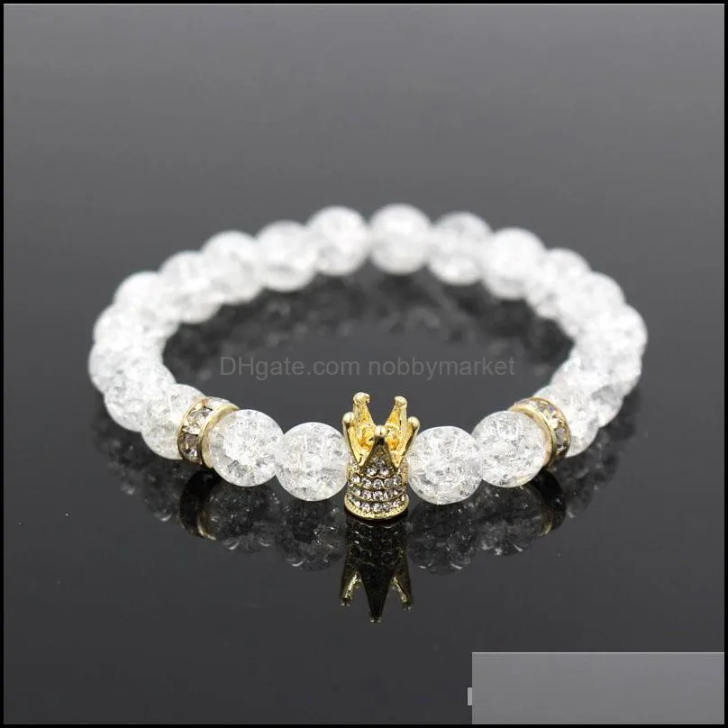 Beaded, Strands Bracelets Jewelry Men And Women White Cz Gold King Crown Natural Stone Charm Bracelet Dl Polish Popcorn Bead Yoga Drop Deliv