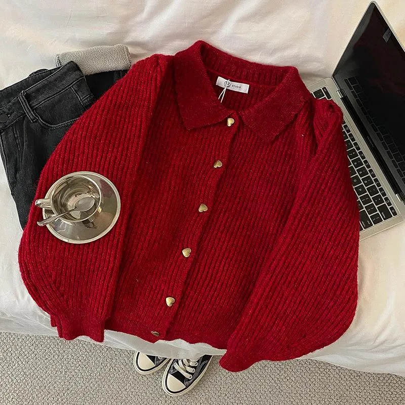 Kvinnors Knits Tees Red Lapel Gold Love Drop Shoulder Loose Button Up Strikkad Cardigan