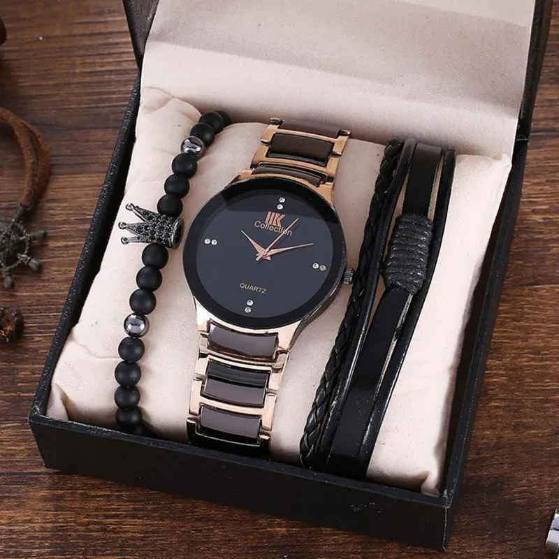 Wristwatches Moda męska Biznes Elegancki Brytyjski Stylowy Zegarek Steel Kwarcowy Zegarek i Bransoletka Mężczyźni Zegarki 2021 Zestaw (3 sztuk / zestaw)