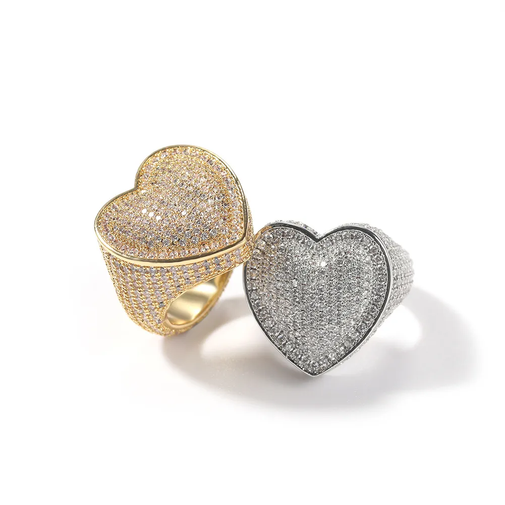 Masowe męskie pierścionek Hip Hop biżuteria Big Heart Pierścień srebrny mrożone obrączki